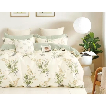 Pościel Bawełna 100% 160x200 kremowa kwiaty zielone PB558